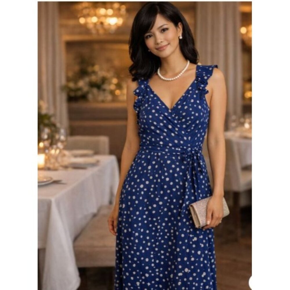 Lucy Paris Blue Polka Dot Midi Wrap Dress Womens L Ruffle Straps V Neck Cocktail